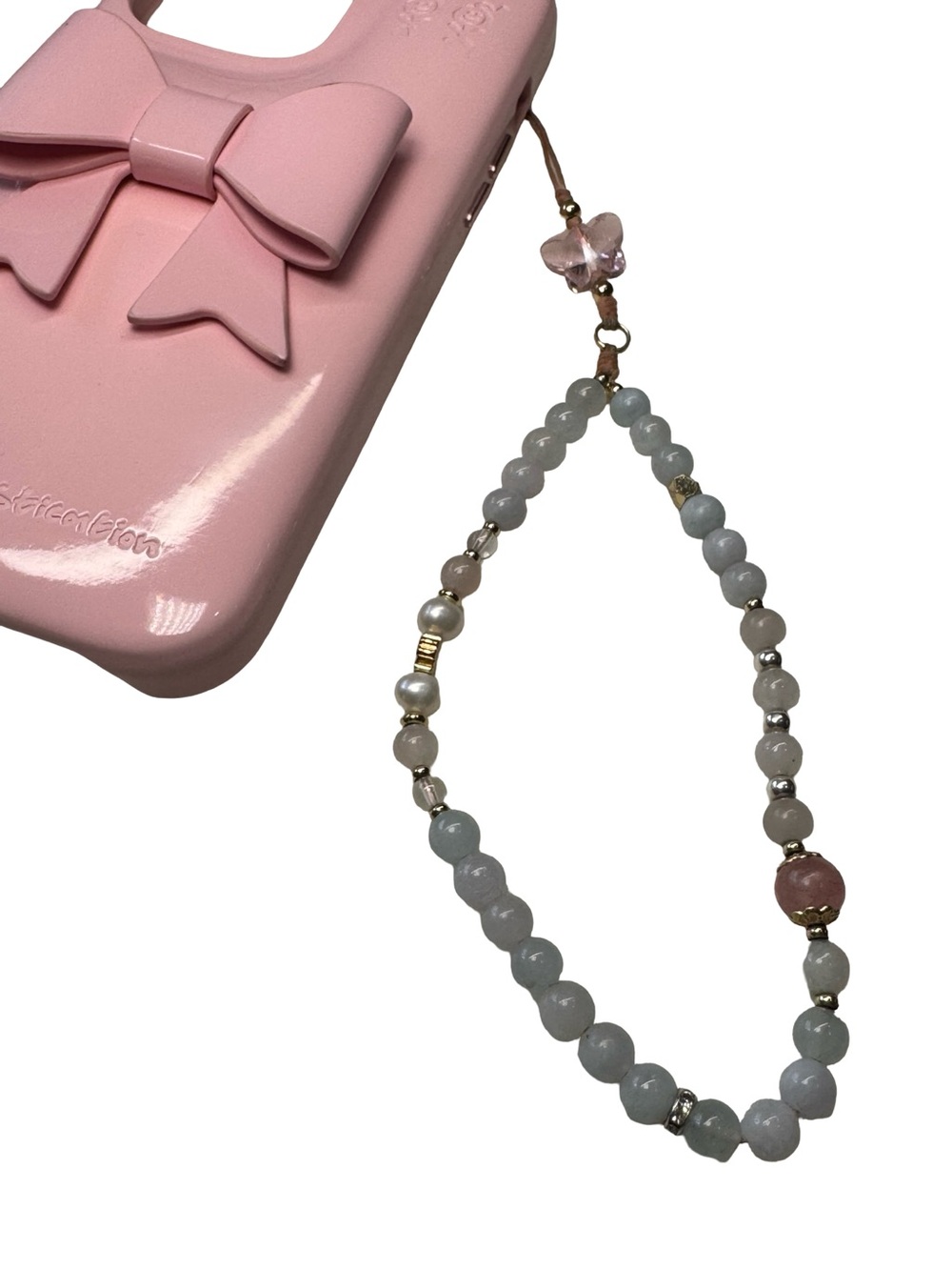🎀🌐 Beaded Phone Charm Wrist Strap in Pale Pink and‎ Blue 🌐🎀